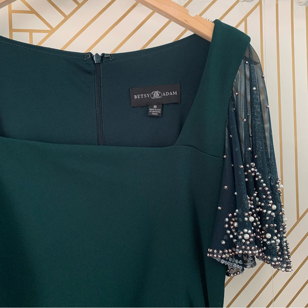 BETSY & ADAM Beaded Flutter-Sleeve Ruched Gown Square Neckline in Pine Green 8 - Picture 7 of 13